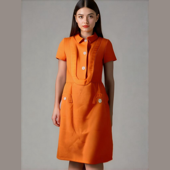 Vintage Deadstock Orange A line Collared Dress 12 - Picture 1 of 6